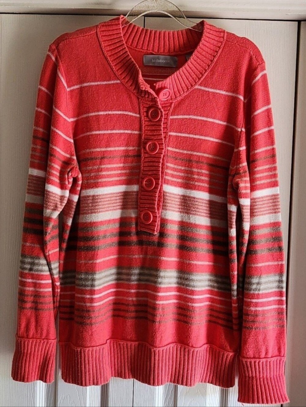 Vintage Liz Claiborne Striped Henley PulloverSweater Twee 70s Retro Cozy Large